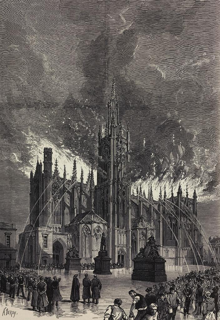 Le feu à la cathédrale de Metz, 7 mai 1877, illustration par Deroy et Smeeton Tilly in L’Illustration, n° 1786, 19 mai 1877. Milan, Biblioteca Ambrosiana.