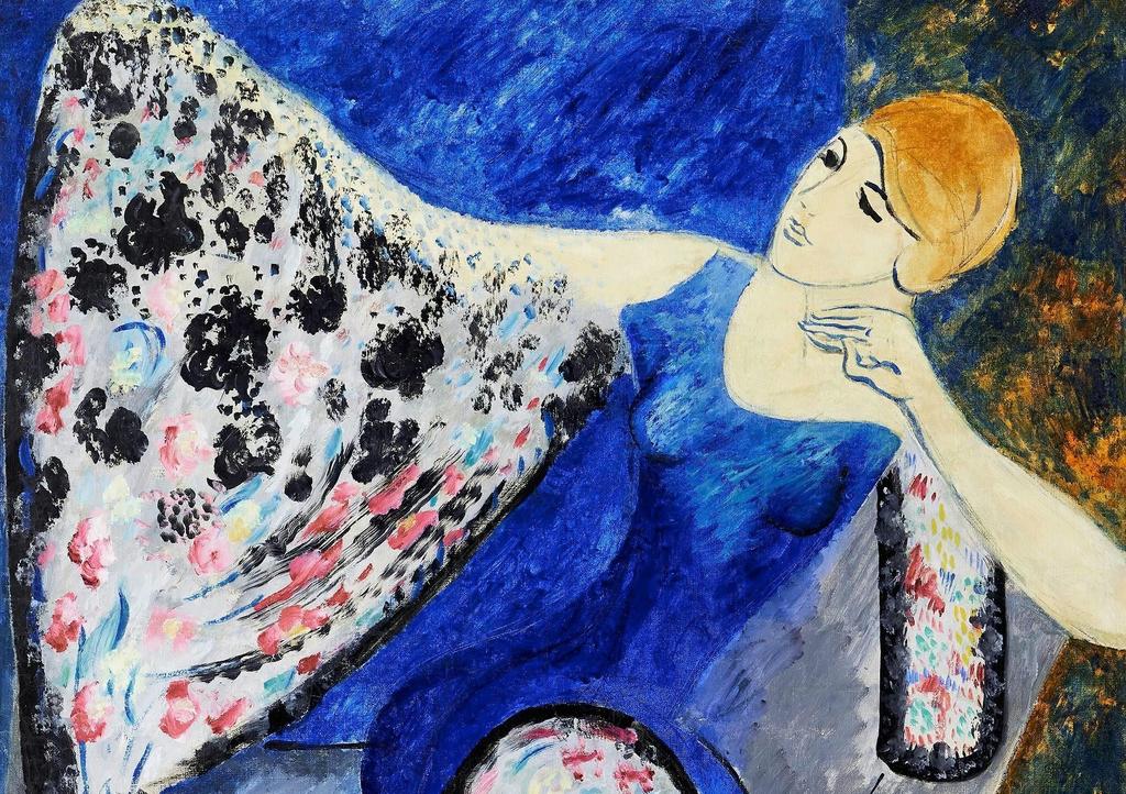 Isaac Grünewald (1889-1946), Sigrid Hjerten en robe bleue (détail), 1916-1917. Huile sur toile, 115 x 88,5 cm. Vente Stockholm, Uppsala Auctions, 15 mai 2025. Estimé : 5/7 SEK (455 000/638 000 €). Adjugé : 14,5 MSEK (1,3 M€ frais inclus).