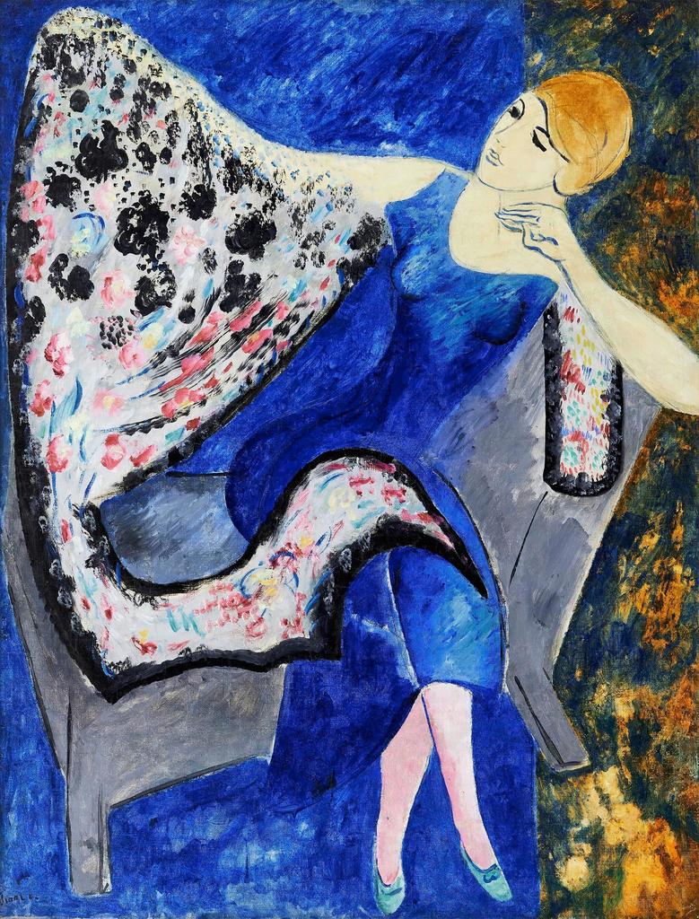 Isaac Grünewald (1889-1946), Sigrid Hjerten en robe bleue, 1916-1917. Huile sur toile, 115 x 88,5 cm. Vente Stockholm, Uppsala Auctions, 15 mai 2025. Estimé : 5/7 SEK (455 000/638 000 €). Adjugé : 14,5 MSEK (1,3 M€ frais inclus).