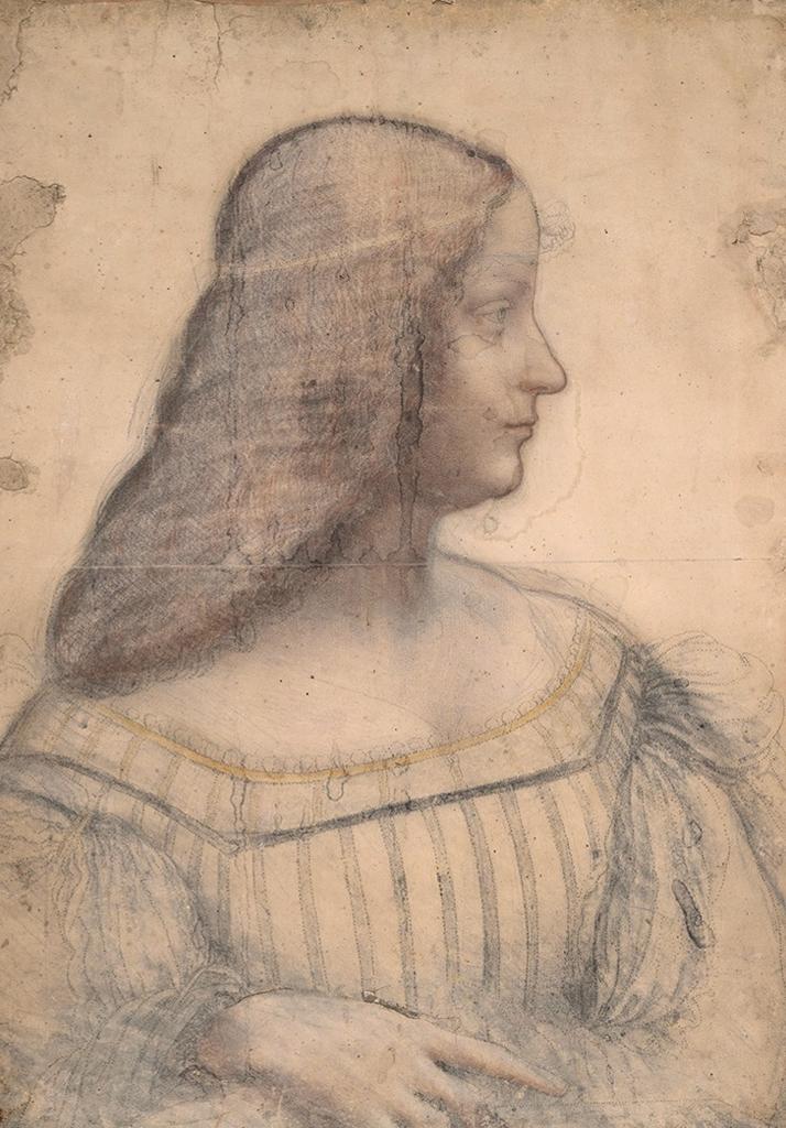Portrait d’Isbaelle d’Este, vers 1499-1500. Pointe métallique, charbon de bois, sanguine, ocre jaune, 61 x 46,5 cm. Paris, musée du Louvre.