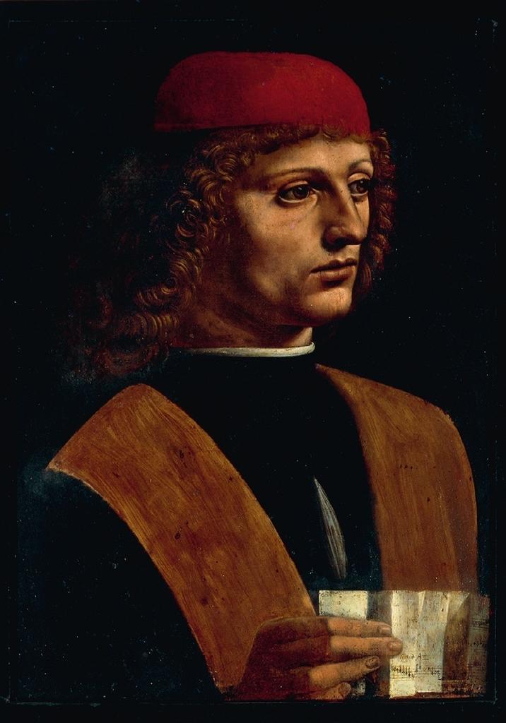 Léonard de Vinci, Portrait de jeune homme tenant une partition, dit Le Musicien, vers 1483-1490. Huile sur bois (noyer), 44,7 x 32 cm. Milan, Biblioteca Pinacoteca Ambrosiana.