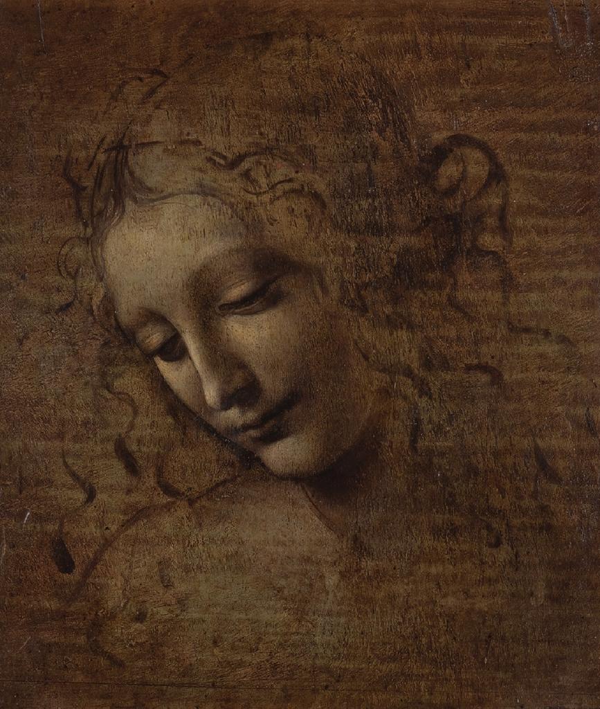 Léonard de Vinci, La Scapiliata (L’Échevelée), vers 1500-1510. Terre d’ombre, rehauts de blanc sur bois, 24,7 x 21 cm. Parme, Galleria Nazionale.