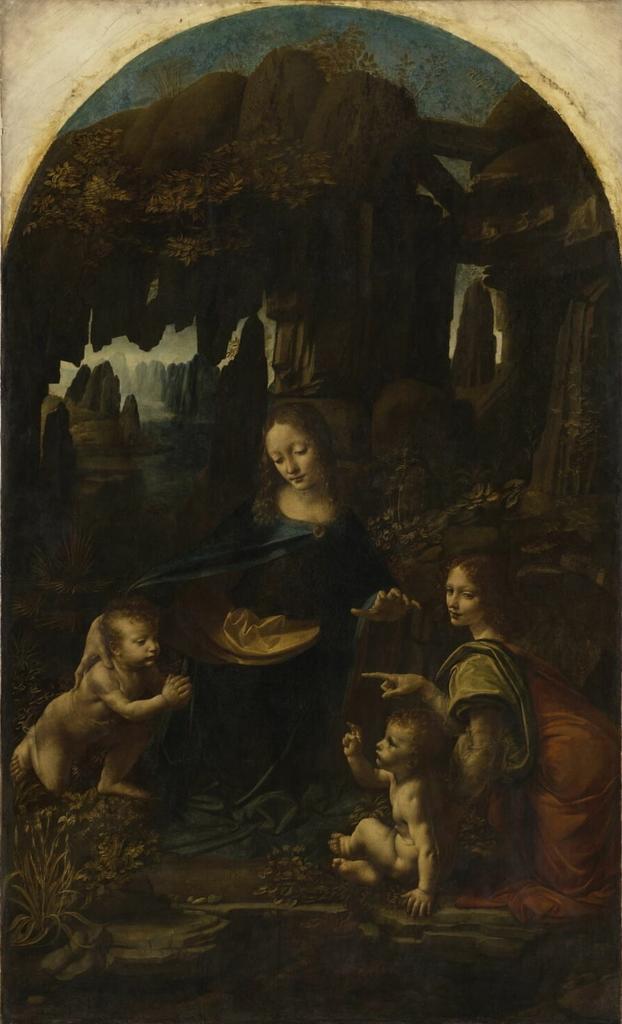 Léonard de Vinci, Vierge à l'Enfant avec saint Jean Baptiste et un ange, dite La Vierge aux rochers, vers 1483-1494. Huile sur bois transposée sur toile, 199 x 122 cm. Paris, musée du Louvre.