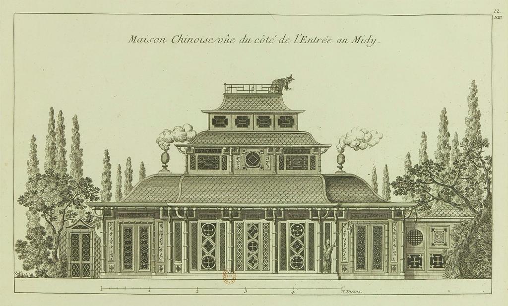 Maison chinoise vue du côté de l’entrée au Midy au Désert de Retz, eau-forte extraite de : Georges-Louis Le Rouge, Jardins anglo-chinois ou Détail des nouveaux jardins à la mode, Paris, 1785, cahier XIII, planche 12.