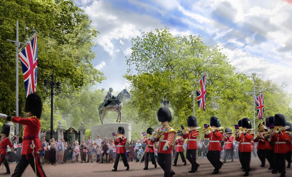 L’entrée du mémorial côté Mall sera pourvue d’une statue équestre de la reine Elizabeth II.