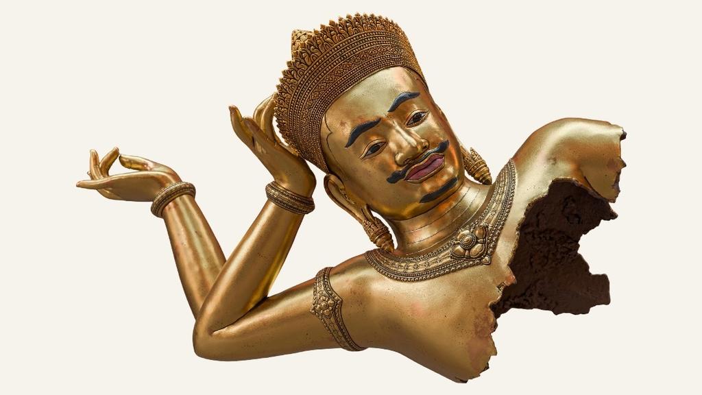 Proposition de restitution 3D de la tête et du buste du Vishnou du Mebon occidental, d’après les résultats de l’étude stylistique et technologique. 