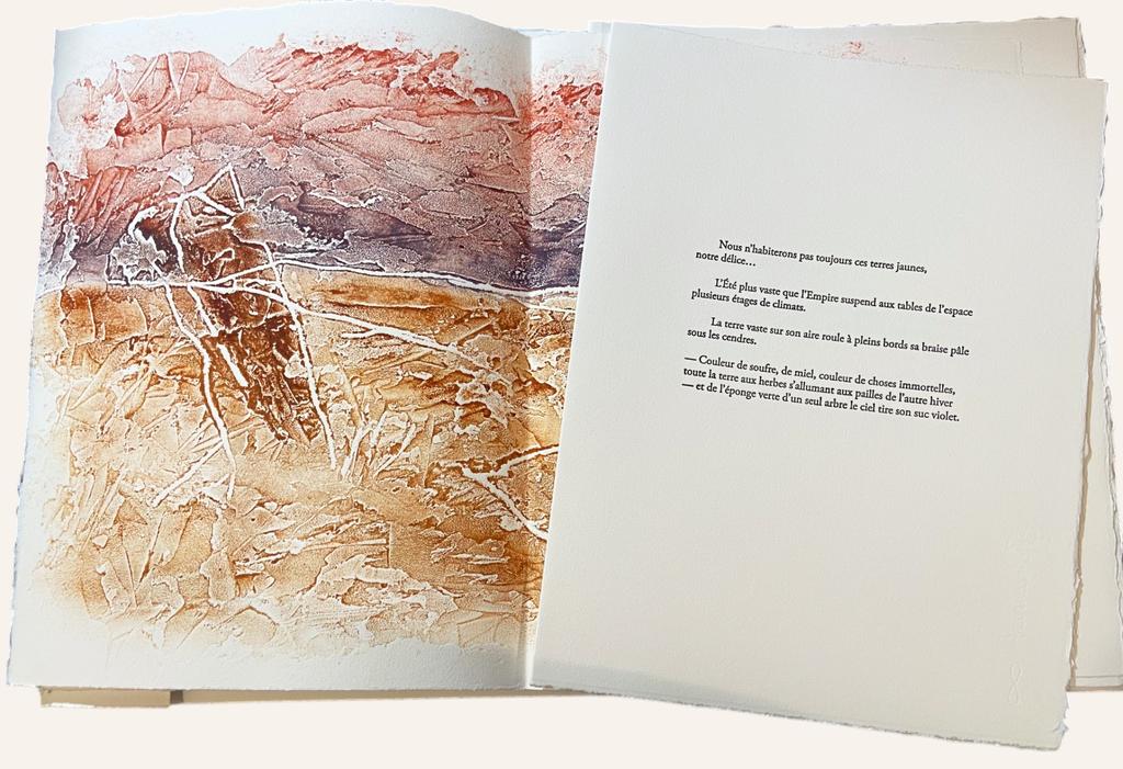 Éditions La Margeride, Saint-John Perse, Anabase, Chant VII, collection « Tirage de tête », 4 gravures de Robert Lobet, 39,5 x 29 cm, impression en typographie, papier Velin Johannot 250 g, sous coffret, 9 ex., 2024. Double page intérieure.