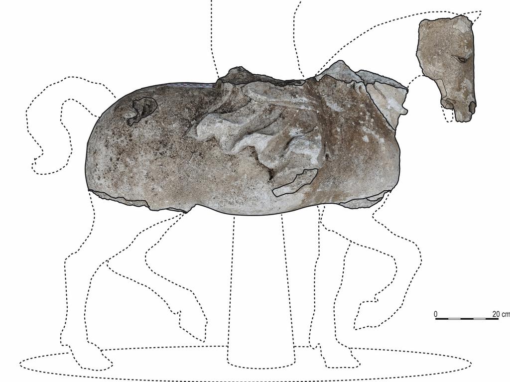 Les fragments de la statue équestre de la Renaissance retrouvés à Toul par les archéologues de l’INRAP permettent de proposer cette hypothèse de reconstitution du cheval.