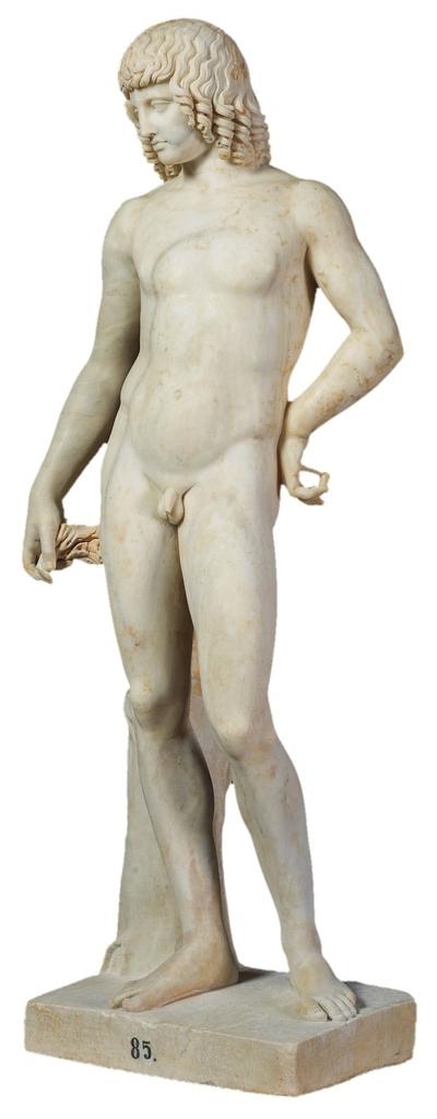Art romain et Tullio Lombardo (vers 1455-1532), Jeune homme nu (Antinoüs ?), Iᵉʳ-IIᵉ siècle après J.-C. ; vers 1500. Marbre, 141 x 50 x 32 cm. Madrid, musée national du Prado.