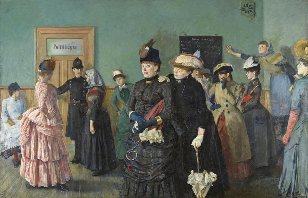 Christian Krohg, Albertine dans la salle d’attente du médecin de la police [Albertine i politilegensventeværelse], 1885-1887. Huile sur toile, 210 x 325,4 cm. Oslo, Nasjonalmuseet.