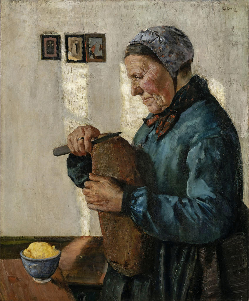 Christian Krohg, Femme coupant du pain [Kone som skjærer brød], 1879. Huile sur toile, 80 x 66,2 cm. Bergen, Kode Bergen Art Museum.