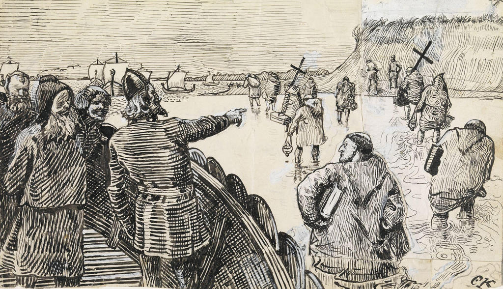 Christian Krohg, Håkon Jarl fit débarquer tous les prêtres et les savants [Håkon jarl satte allede lærde menn opp på land], illustration pour La Saga d’Óláf Tryggvason [Olav Tryggvasons saga], dans Snorri Sturluson, Histoire des rois de Norvège[Kongesagaer], Kristiania, 1899, 1895-99. Plume et encre, gouache et crayon sur papier, 14,3 x 25,1 cm. Oslo, Nasjonalmuseet.