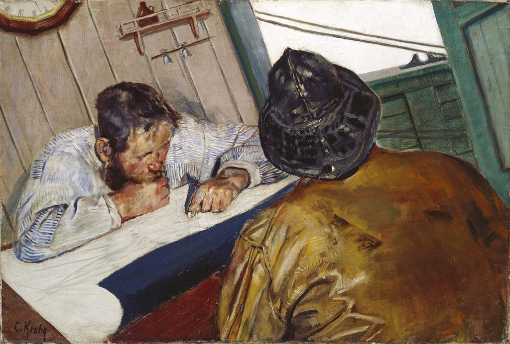 Christian Krohg, Le projet est étudié [Draftet leses], 1910. Huile sur toile, 45 x 66 cm. Lillehammer, Lillehammer Kunstmuseum.
