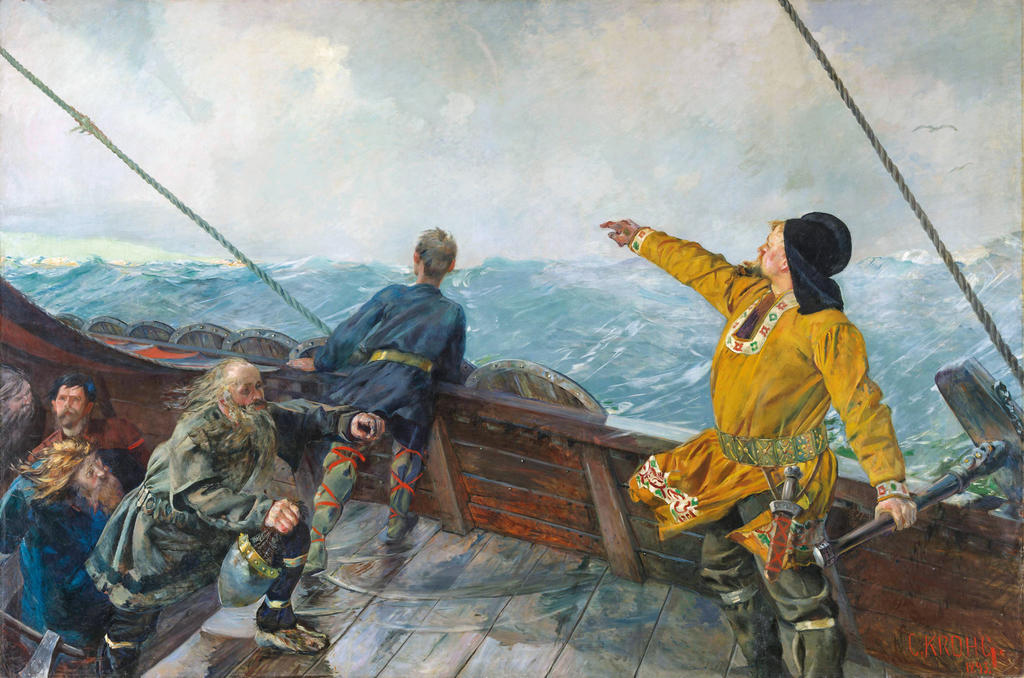 Christian Krohg, Leif Erikson découvrant l’Amérique [Leiv Eiriksson oppdager Amerika], 1893. Huile sur toile, 313 x 470 cm. Oslo, Nasjonalmuseet. 