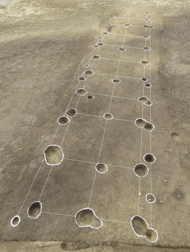 Vue du décapage du grand bâtiment 4 du bronze ancien de Marckolsheim (Haut-Rhin). Fouilles et plan Sébastien Goepfert, ANTEA-Archéologie.
