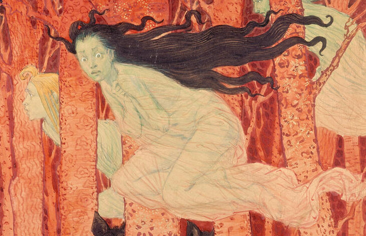 Eugène Grasset (1845-1917), Trois femmes et trois loups (détail), vers 1892. Crayon, aquarelle, encre de Chine et rehauts d’or sur papier, H. 35,3 ; l. 27,3 cm. Paris, Musée des arts décoratifs.