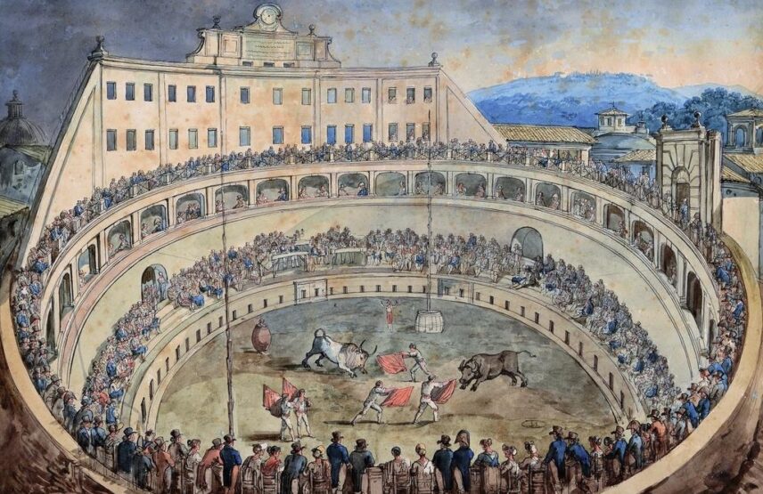 Bartolomeo Pinelli, Manège de taureaux dans le mausolée d’Auguste en 1810.