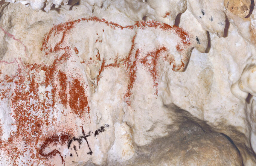 Chevaux et masques sur reliefs naturels dans la galerie Prat.