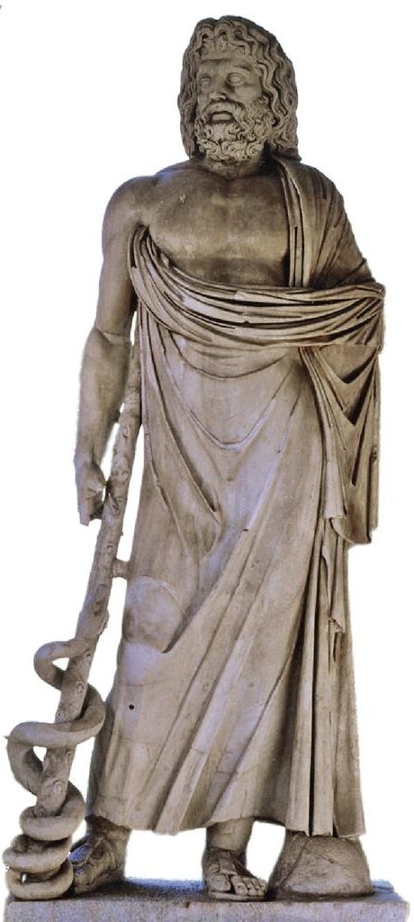 Esculape. Statue colossale en marbre blanc. Iᵉʳ siècle de notre ère. Elle était placée dans une niche du monument à l’époque où les Soderini avaient transformé le mausolée en jardin suspendu au XVIᵉ siècle. Elle se trouve actuellement à la villa Borghèse.