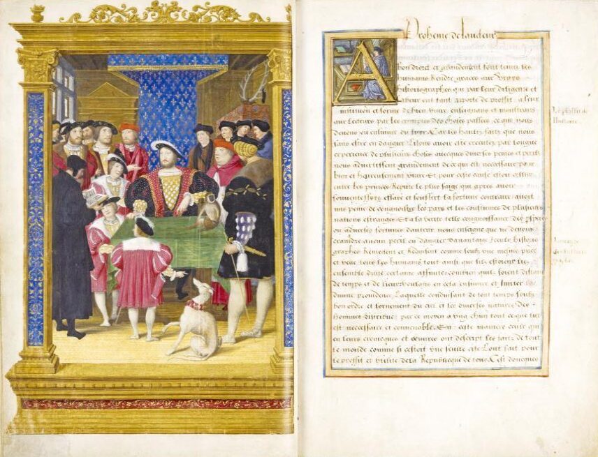 François Iᵉʳ et ses trois fils. Diodore de Sicile (Iᵉʳ siècle avant notre ère). Traduction par Antoine Macault, Les troys premiers livres de l’histoire de Diodore de Sicile des antiquitez d’Egipte, Ethiopie et autres pays d’Asie et d’Affrique. Paris, vers 1534 ; enluminé par Noël Bellemare, le Maître de François de Rohan et Jean Clouet. Chantilly, bibliothèque du musée Condé.