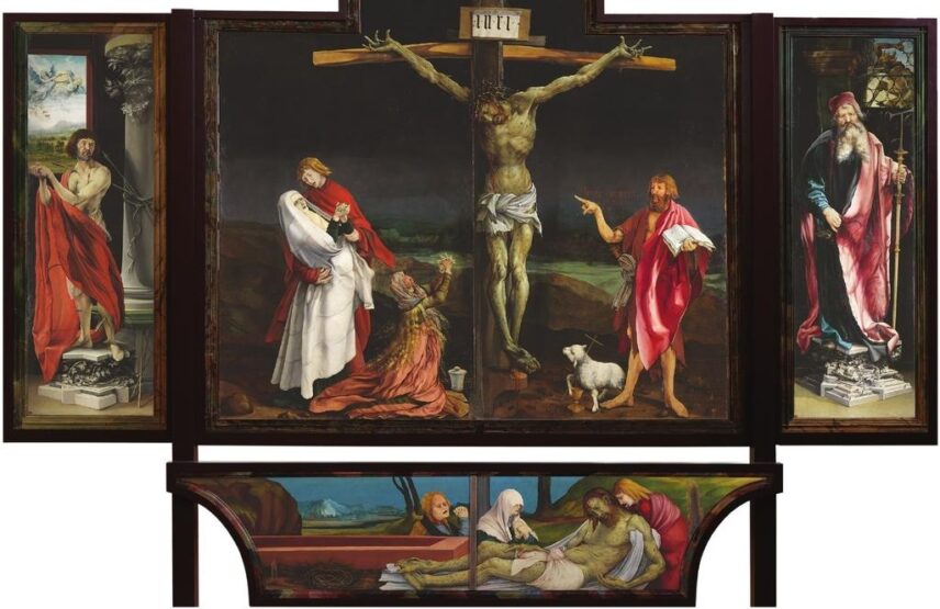Matthias Grünewald (vers 1475-1528) pour la peinture, et Nicolas de Haguenau (1485-1522) pour la sculpture, le Retable d’Issenheim après sa restauration.