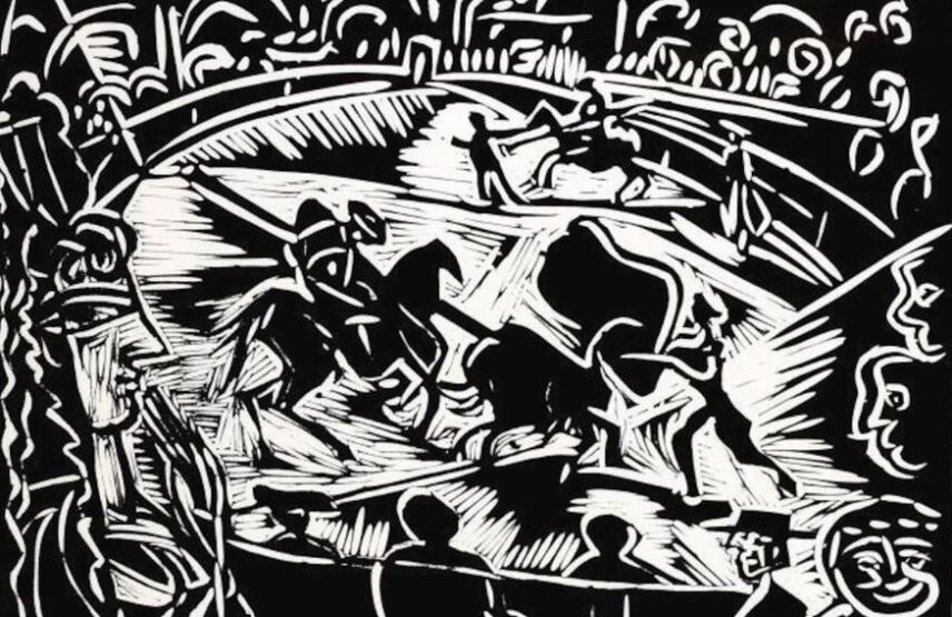 Pablo Picasso (1881-1973), Toros en Vallauris (détail), 1954. Linogravure, 75,8 x 59,5 cm. Paris, musée national Picasso-Paris, dation Pablo Picasso, 1979.