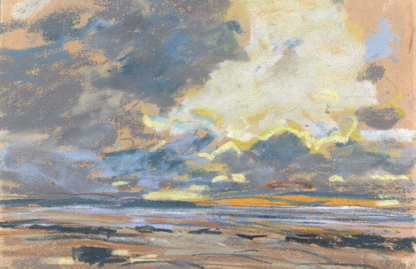 Eugène Boudin, Soleil couchant, vers 1860. Pastel sur papier beige, 21,5 x 28,7 cm. Paris, musée d’Orsay, conservé au musée du Louvre.