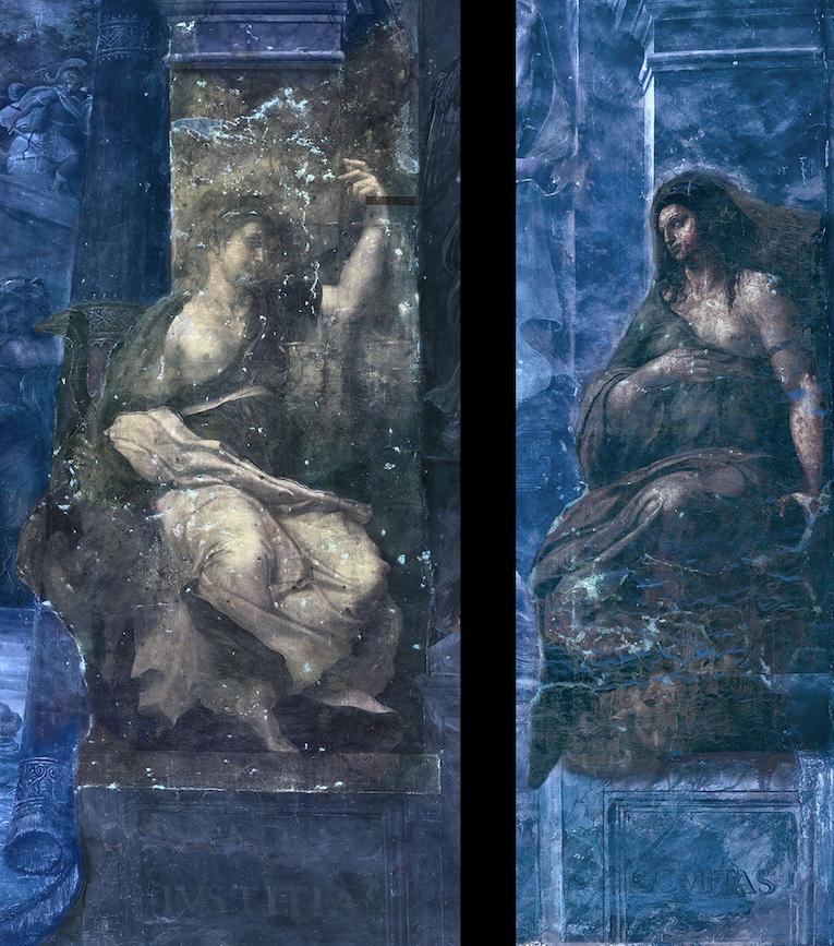 Les allégories de la Justice (à gauche) et de l'Amitié (à droite), ultimes œuvres de Raphaël dans la salle de Constantin, sous fluorescence UV.