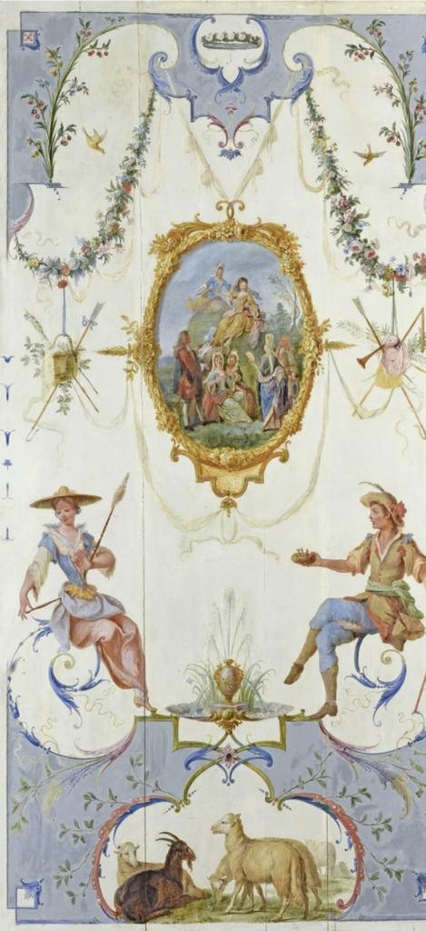 Allégorie de l’ordre de la Mouche à miel (La Meule), panneau du décor du cabinet des Arts et des Sciences du château de Sceaux, 1704. Huile sur panneau de chêne, 185 x 90 cm. Paris, collection particulière.