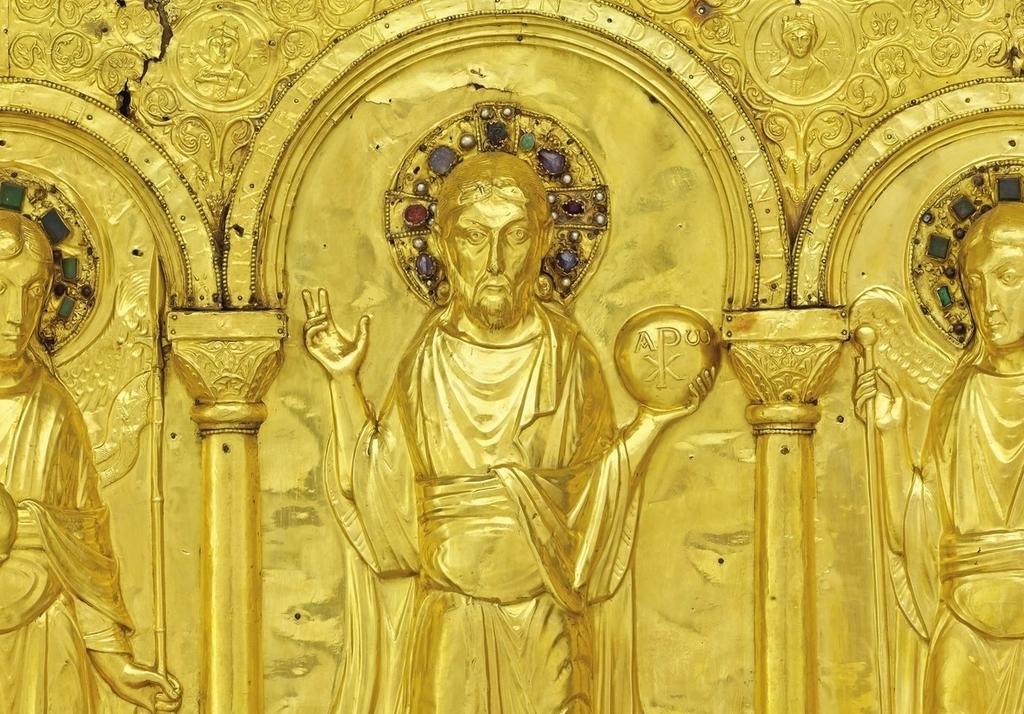 Devant d’autel de la cathédrale de Bâle (détail), 1ᵉʳ quart du XIᵉ siècle. Or et pierreries sur âme de chêne, 120 x 177,5 x 13 cm.