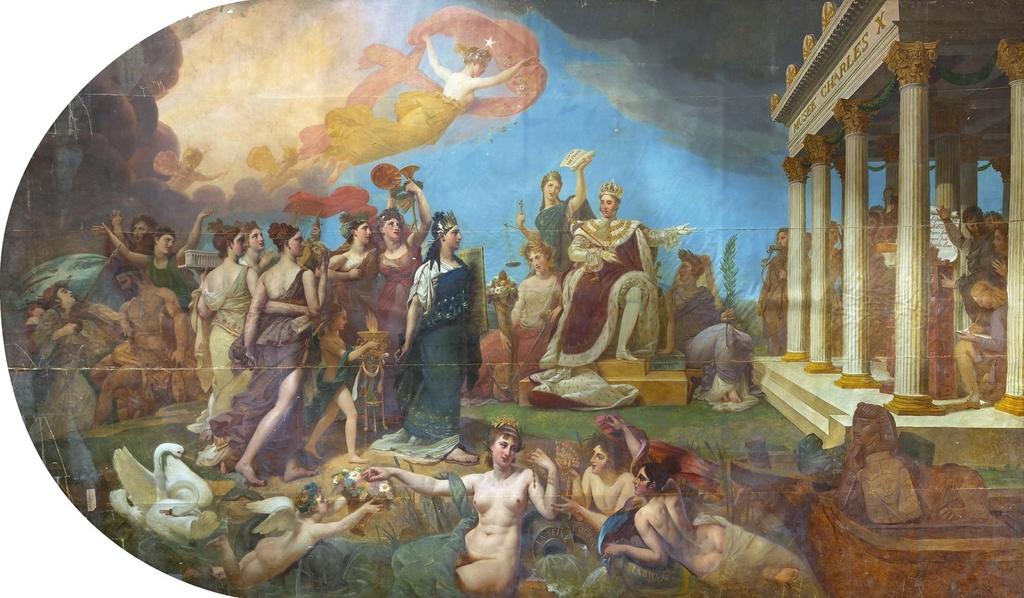 Antoine‑Jean Gros, Charles X faisant don de son musée. Versailles, châteaux de Versailles et de Trianon. Charles X invite le groupe de femmes, personnifiant les arts de l’Antiquité gréco‑romaine menées par l’Histoire, à entrer dans le musée Charles X, où Champollion est représenté enseignant les hiéroglyphes. 