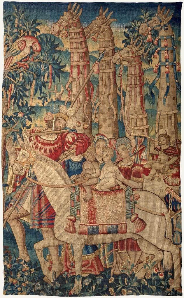 Attribué à Tournai, Caravane de girafes et de zèbres, de la Tenture de L’Histoire du Portugal et de l’Inde,  vers 1530-1550. Laine et soie, 300 x 180 cm. Vente Paris, Artcurial, 30 avril 2025. Estimé : 10 000/15 000 €. Adjugé : 301 760 € (frais inclus).