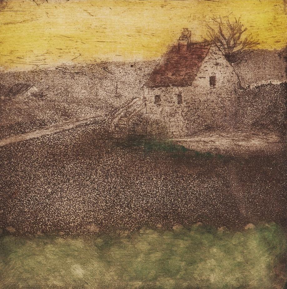 Camille Pissarro, La Masure, 1879. Eau-forte, aquatinte, vernis mou et émeri, 17 x 17 cm. 6ᵉ état - Épreuve en couleurs imprimée par Degas. Ancienne collection Degas. Amsterdam, Rijkmuseum Van Gogh.