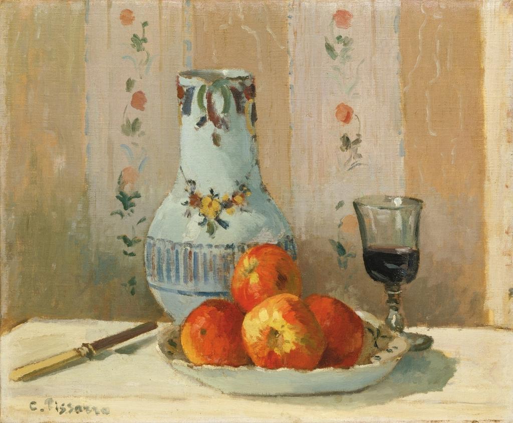 Camille Pissarro, Pommes châtaigniers et faïence sur une table, 1872. Huile sur toile, 46,4 x 56,5 cm. New York, Metropolitan Museum of Art.