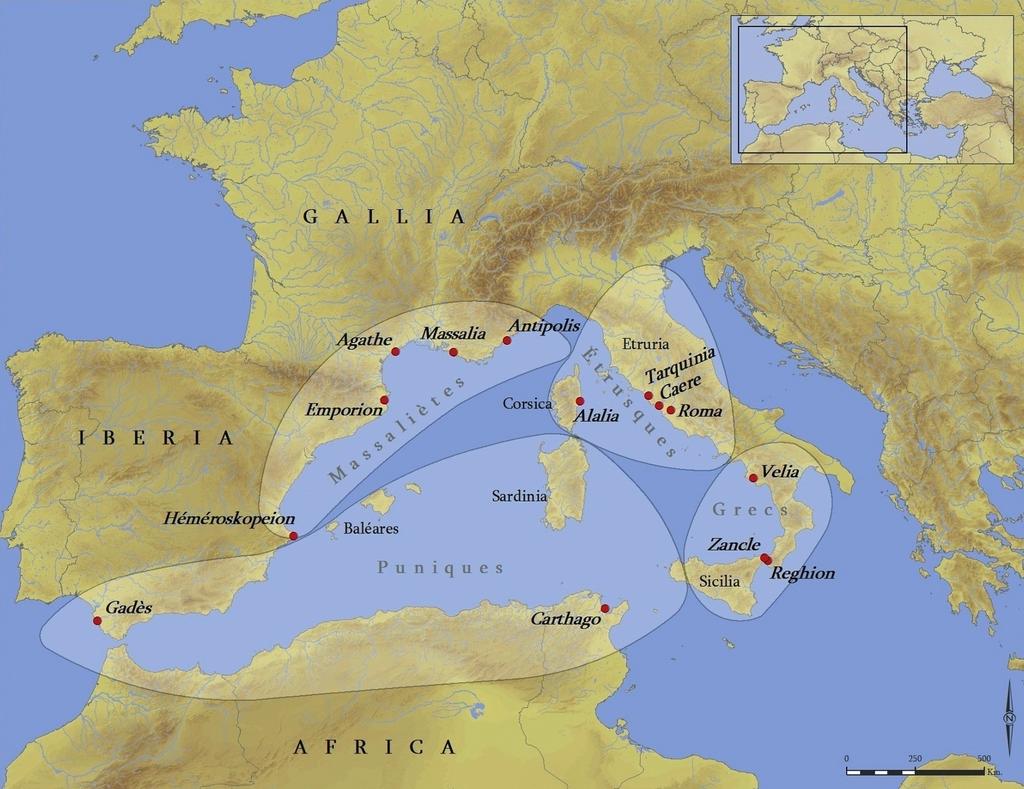 Après 540 avant notre ère, le bassin occidental de la Méditerranée se partage en quatre espaces maritimes contrôlés par les grandes puissances de l’époque.