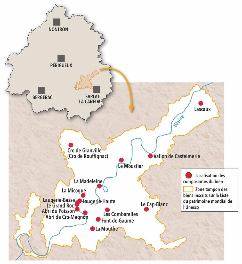 Carte de la vallée de la Vézère avec les emplacements des sites. 