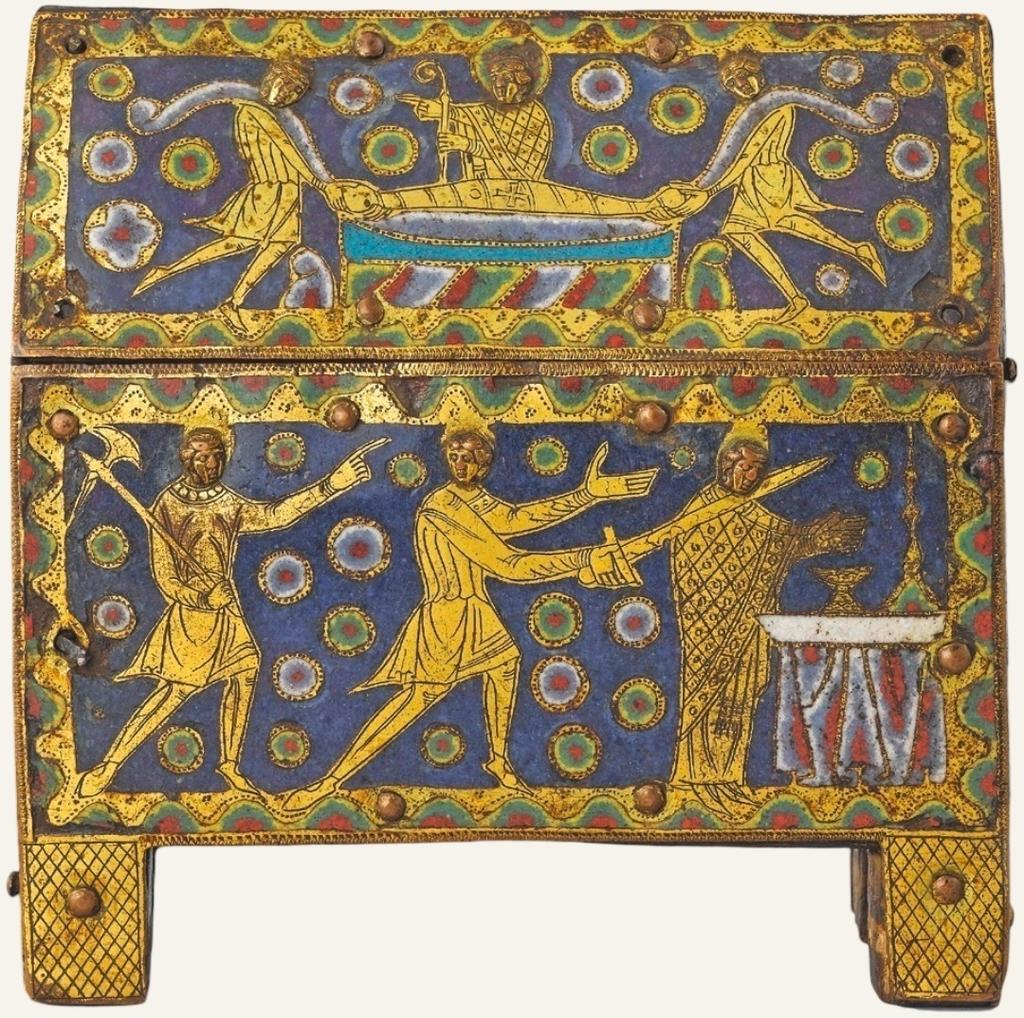 Châsse de saint Thomas Becket, Limoges, début du XIIIᵉ siècle. Émail champlevé, orfèvrerie, 15,9 x 14,4 cm.