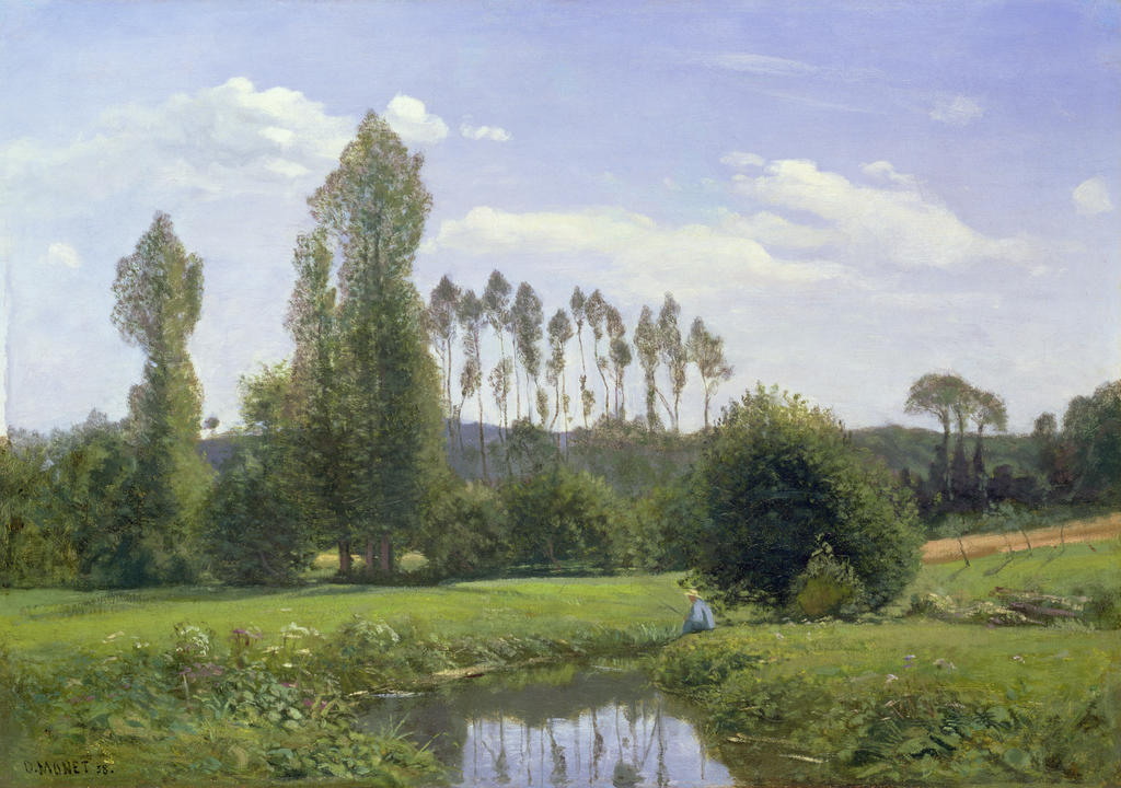 Claude Monet, Vue de Rouelles(La Lézarde), 1858. Tableau exécuté avec l’aide de Boudin au début de leur travail en commun, aux dires de Monet. Huile sur toile, 46 x 65 cm. Collection particulière, en dépôt au Museum of Modern Art de Saitama. 
