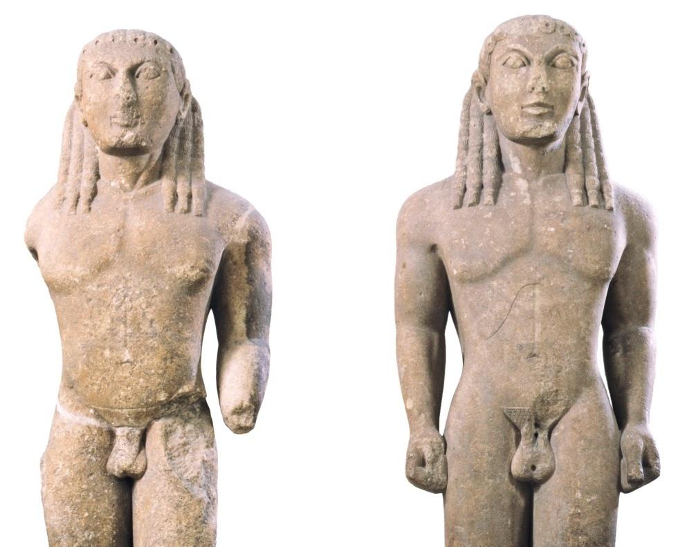 Sculptures de Cléobis et Biton (détail). Kouroi de l’époque dite archaïque, vers 580 avant notre ère. Delphes, musée archéologique.