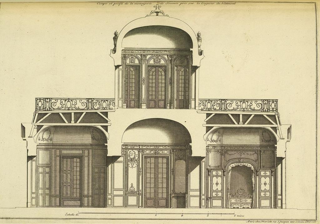 Coupe et profil de la ménagerie de Sceaux pris sur la longueur du bâtiment, in Jean Mariette, L’architecture françoise, 1727.