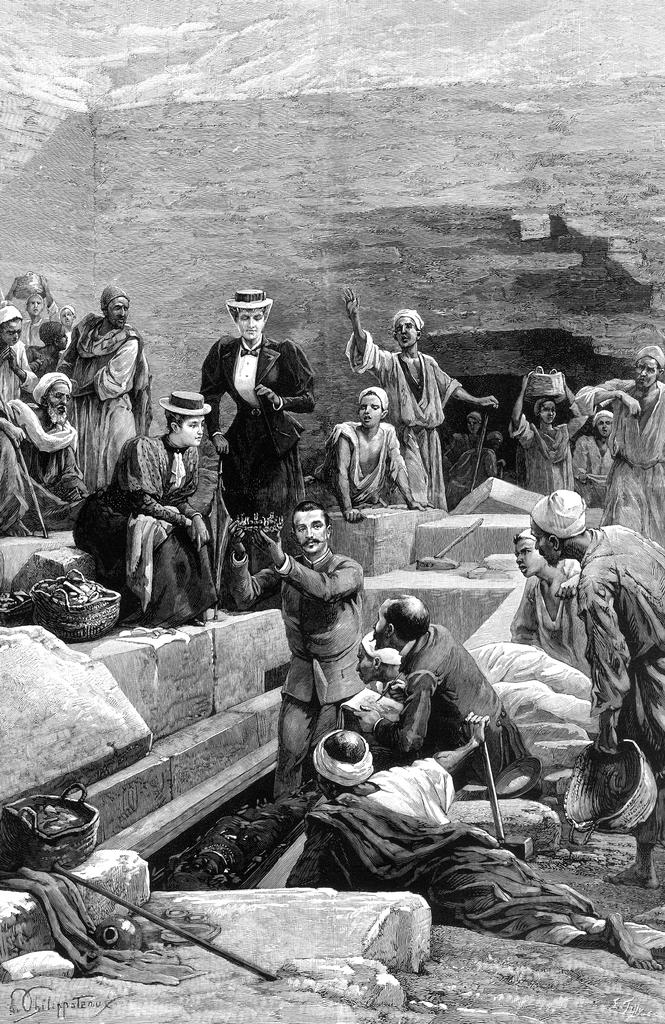 Dessin issu du journal The Illustrated London News du 7 mars 1896 qui représente Jacques de Morgan brandissant le diadème de la princesse Khnoumit lors de sa découverte à Dahchour en 1894.