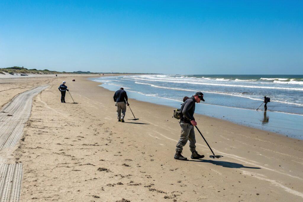 Détectoristes sur une plage. 