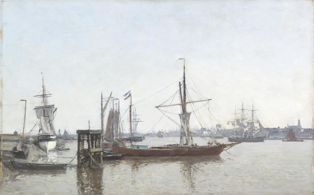 Eugène Boudin, Anvers, vue du port depuis la Tête de Flandres, 1871. Huile sur bois, 37,5 × 60 cm. Cambridge, Harvard Art Museums, Fogg Museum. 