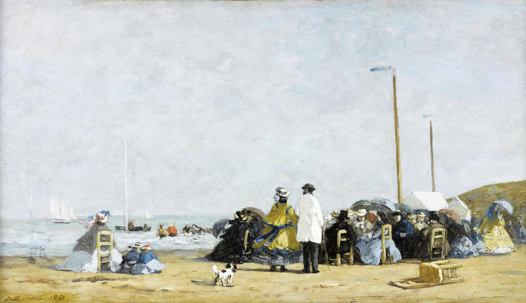 Eugène Boudin, Crinolines sur la plage, 1863. Huile sur bois, 26 x 47 cm. Toulouse, Fondation Bemberg. 