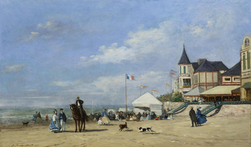 Eugène Boudin, La Plage à Trouville, 1863. Huile sur panneau, 34,8 x 58 cm. Collection de Yann Guyonvarc’h.