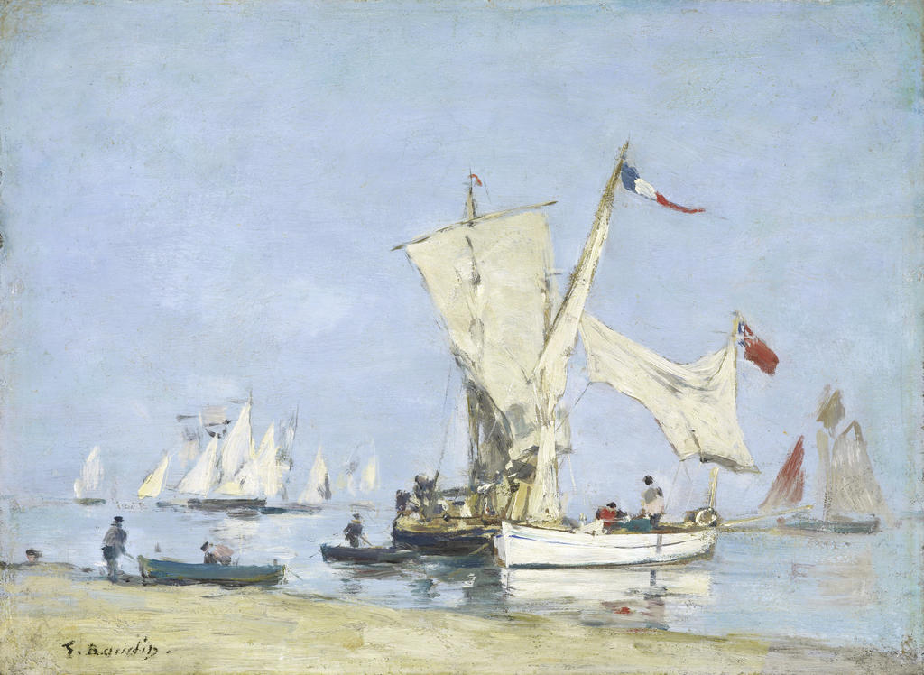 Eugène Boudin, Voiliers, vers 1869. Huile sur bois, 23,9 x 30,9 cm  Paris, musée d’Orsay, en dépôt au musée des Beaux-Arts de Caen.