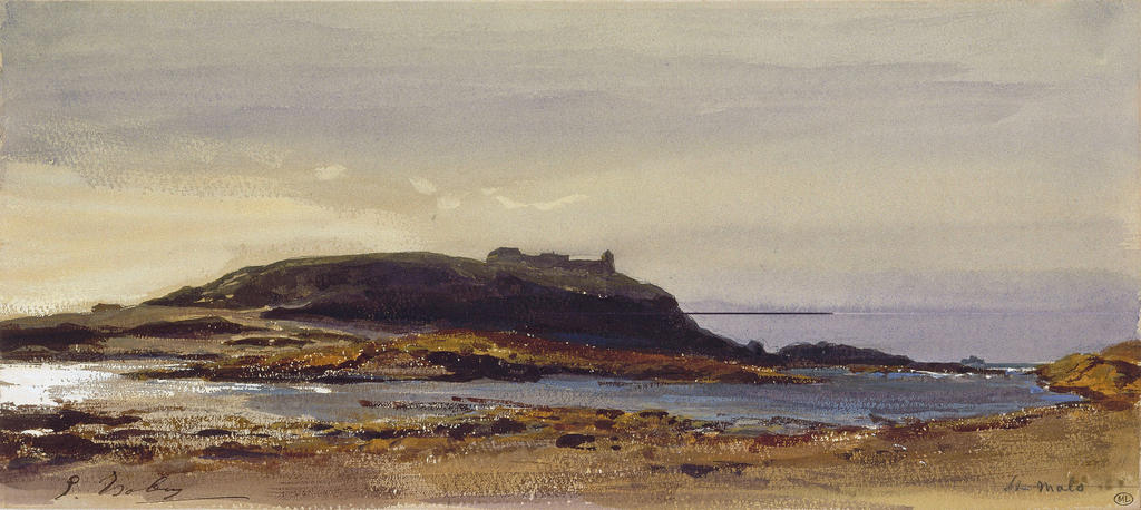 Eugène Isabey, Le Grand-Bé à Saint-Malo, 1850-64. Crayon noir, aquarelle et gouache, 15,3 x 34,7 cm. Paris, musée du Louvre.  