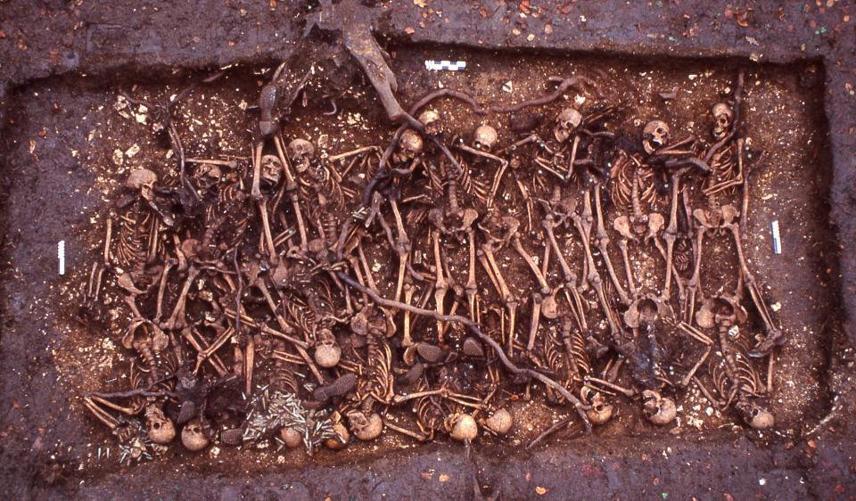 La fosse commune de Saint-Rémy-la-Calonne (Meuse) où reposait Alain-Fournier, l'auteur du Grand Meaulnes, et vingt de ses compagnons d'arme, tous tués en septembre 1914. Fouille de 1991. Photo publiée dans l'ouvrage L'archéologie de la Grande Guerre, Y. Desfossés, A. Jacques et G. Prilaux, coll. Fouilles et découvertes.