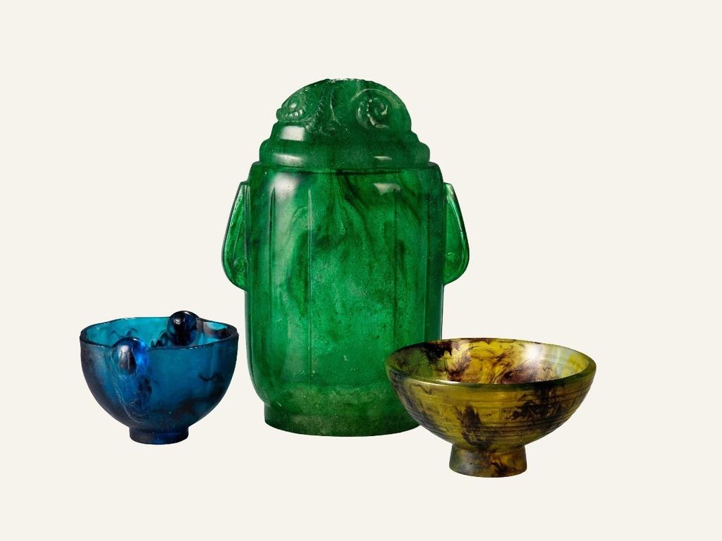 François Décorchemont (1880-1971), Pot et coupes, années 1920 et 1930. Pâte de verre. Conches, musée du Verre François Décorchemont. 