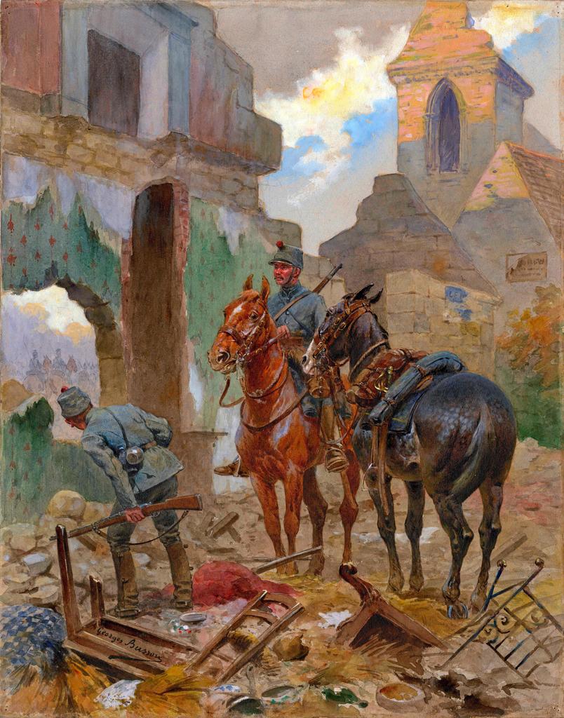 Georges Busson (1859-1933), Hussards en reconnaissance, vers 1914. Aquarelle sur papier. Meaux, musée de la Grande Guerre. 